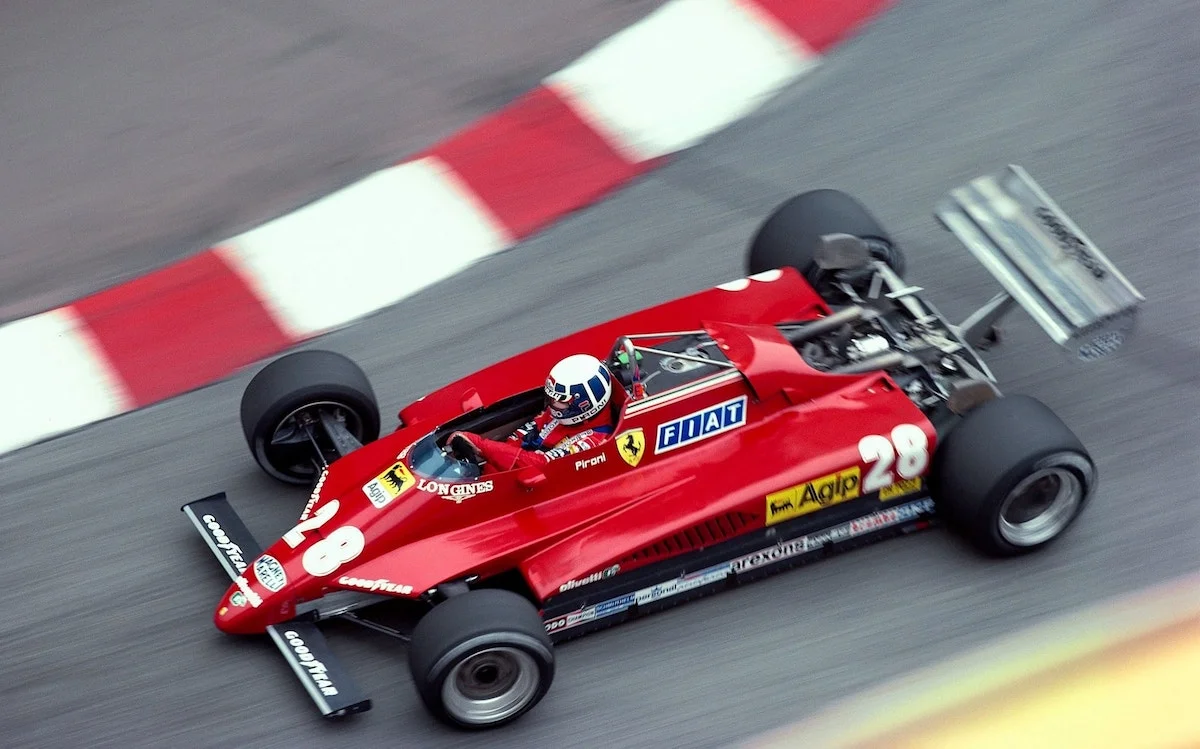 Didier Pironi racing the Ferrari 126C2 Formula 1 car during the 1982 season. A historic example of Marzocchi’s long-standing technical partnership with Scuderia Ferrari in elite motorsport.