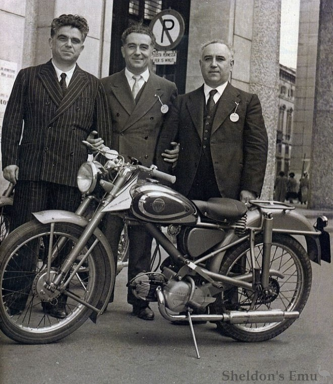 Founders Stefano, Guglielmo, and Bruno Marzocchi posing with a vintage motorcycle in Italy, representing the origins of Marzocchi suspension and engineering in 1949.