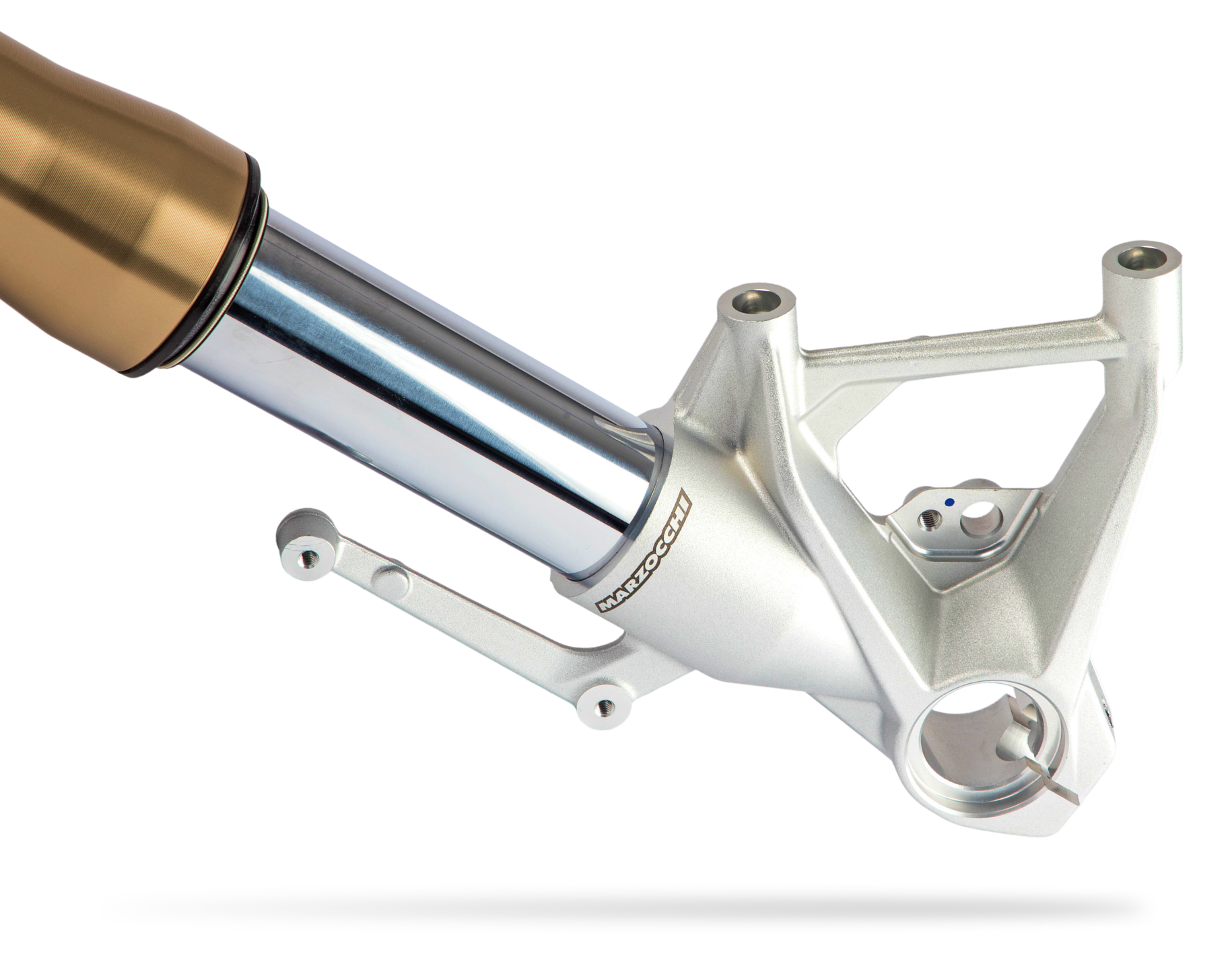 Marzocchi motorcycle front fork lower assembly with gold stanchion and aluminum fork bottom.