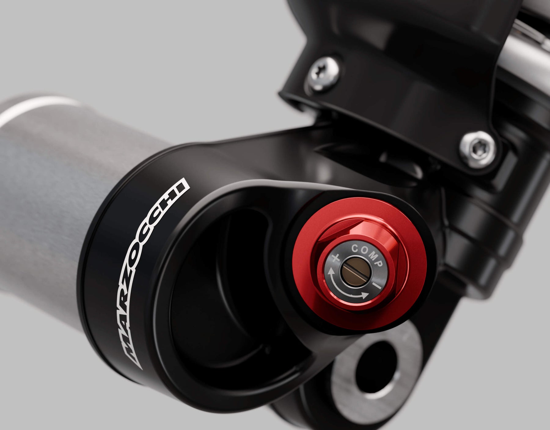 Closeup of Marzocchi's shock rebound and compression adjustment.