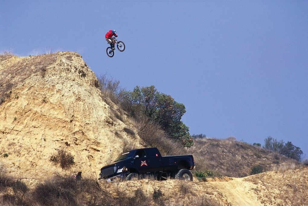 Marzocchi mountain bike suspension heritage: Wade Simmons jumping Moreno Valley Road Gap over a Marzocchi truck .